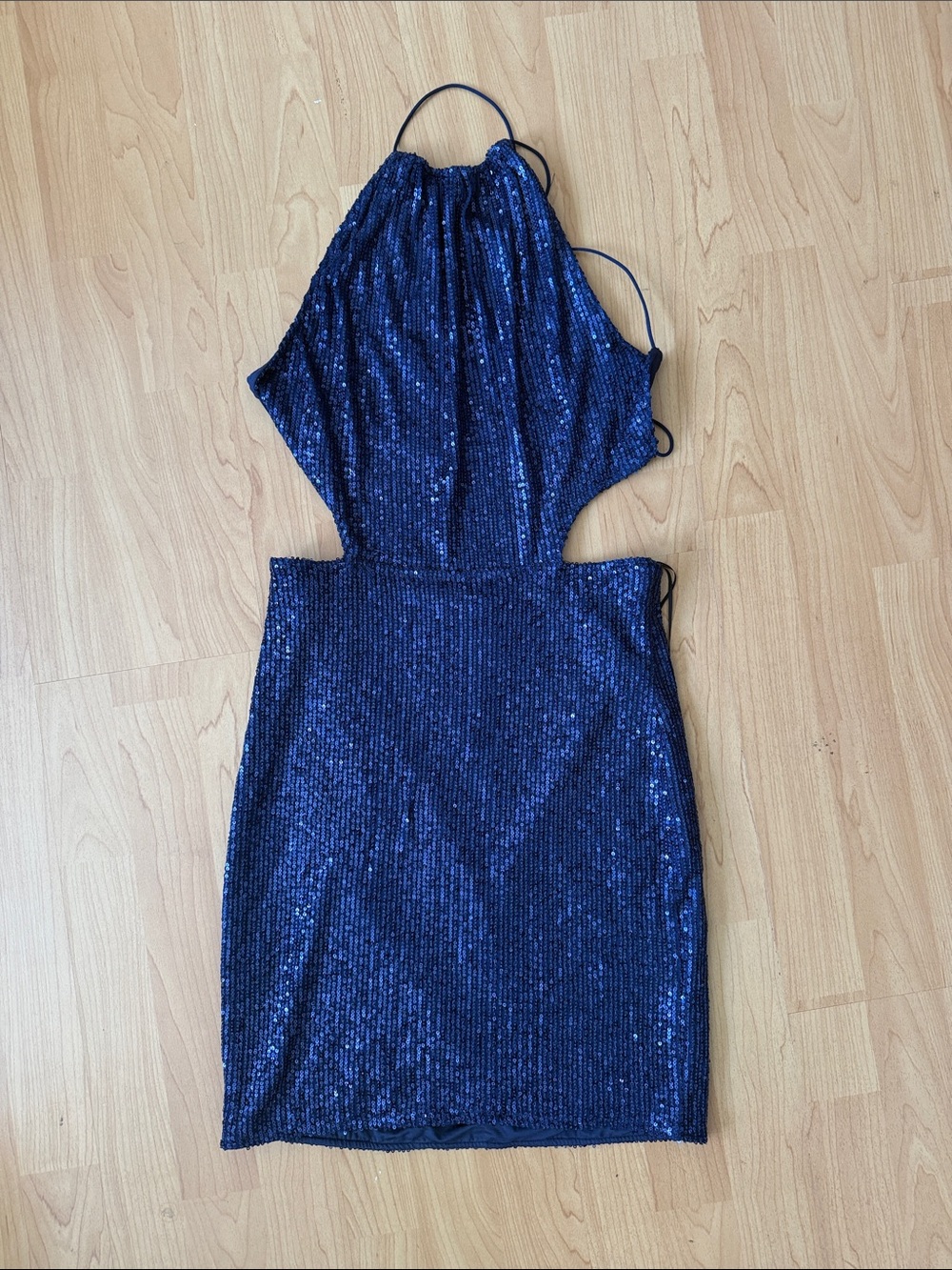 Fashion Nova Navy Blue Sequin Cutout Halter Bodycon Dress